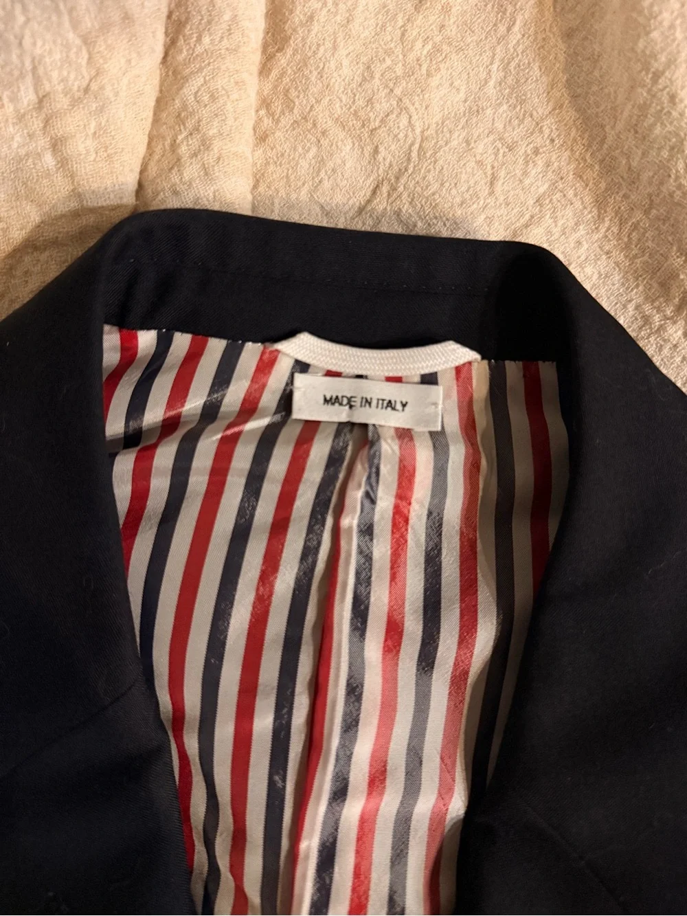 Thom Browne Navy Wool Blazer with White Sleeve Stripes